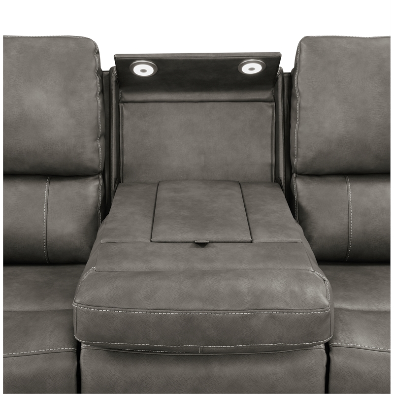 Pemberly Row Faux Leather 3 PC Triple Power Reclining Sofa Set in Charcoal