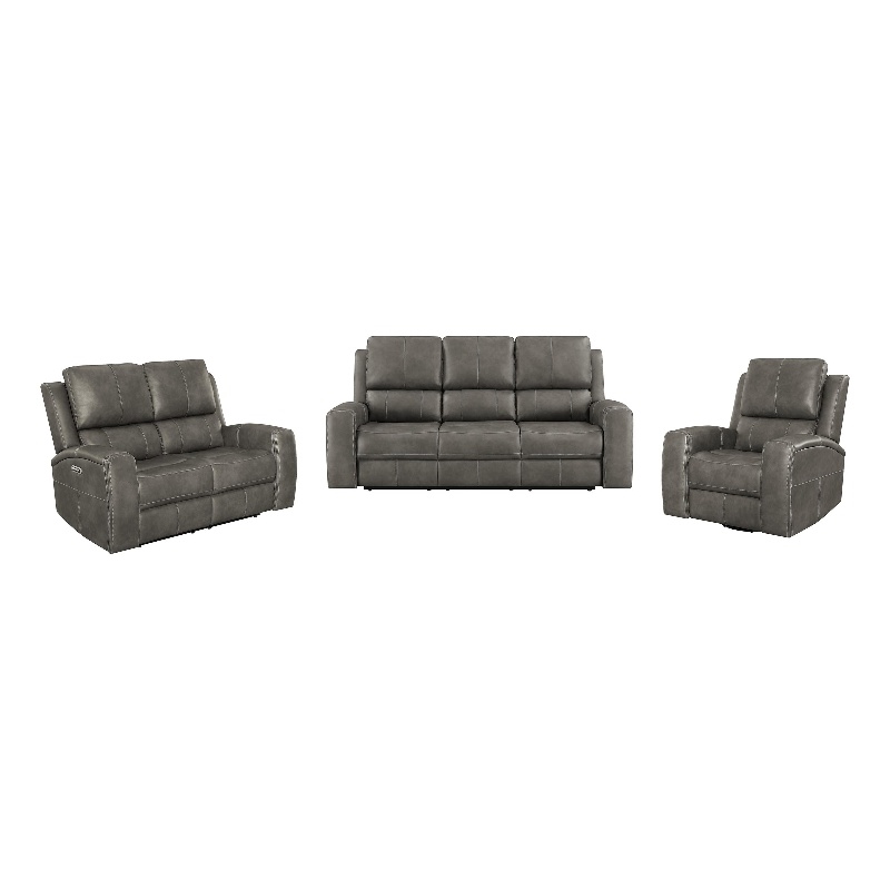 Pemberly Row Faux Leather 3 PC Triple Power Reclining Sofa Set in Charcoal