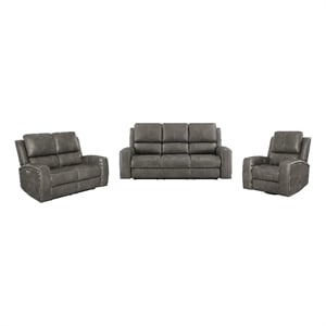 Pemberly Row Faux Leather 3 PC Triple Power Reclining Sofa Set in Charcoal