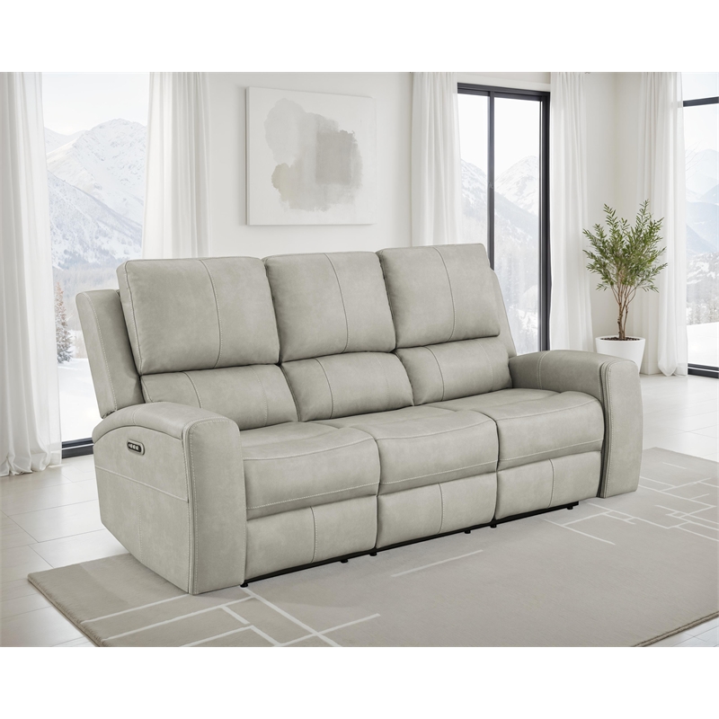 Pemberly Row Faux Leather Zero Gravity Triple Power Reclining Sofa in Gray