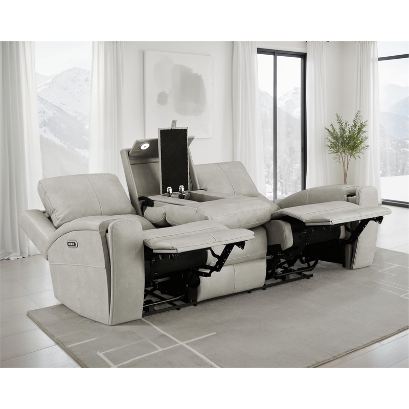 Pemberly Row Faux Leather Zero Gravity Triple Power Reclining Sofa in Gray