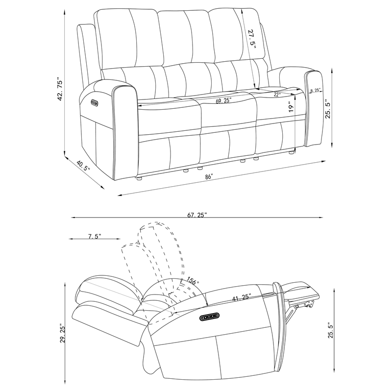 Pemberly Row Faux Leather 2 PC Triple Power Reclining Sofa Set in Gray