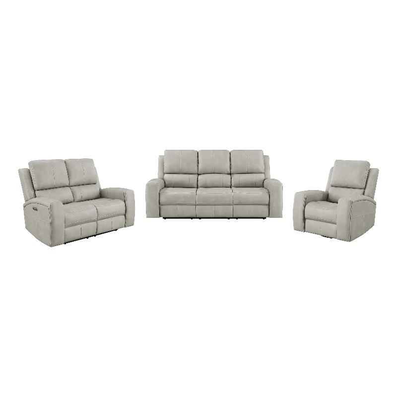 Pemberly Row Faux Leather 3 PC Triple Power Reclining Sofa Set in Gray