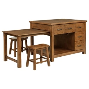 Pemberly Row 3-Piece Wood Kitchen Island with Extension Table in Oak Brown