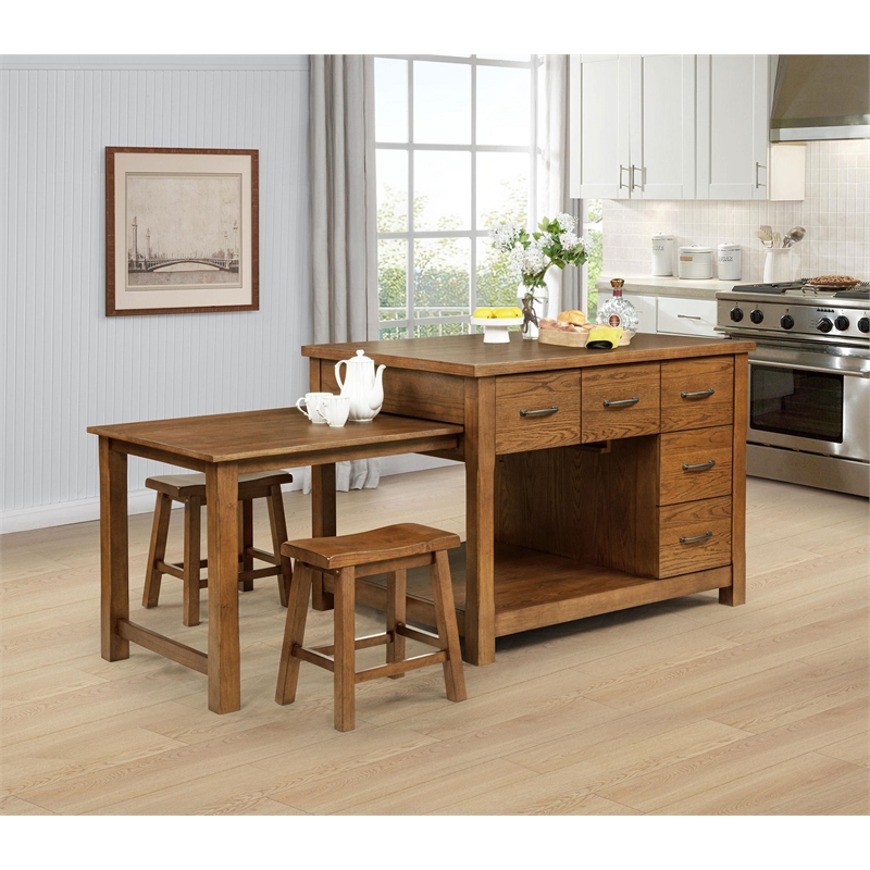 Pemberly Row 3-Piece Wood Kitchen Island with Extension Table in Oak Brown