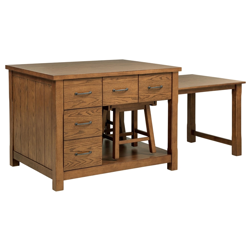 Pemberly Row 3-Piece Wood Kitchen Island with Extension Table in Oak Brown