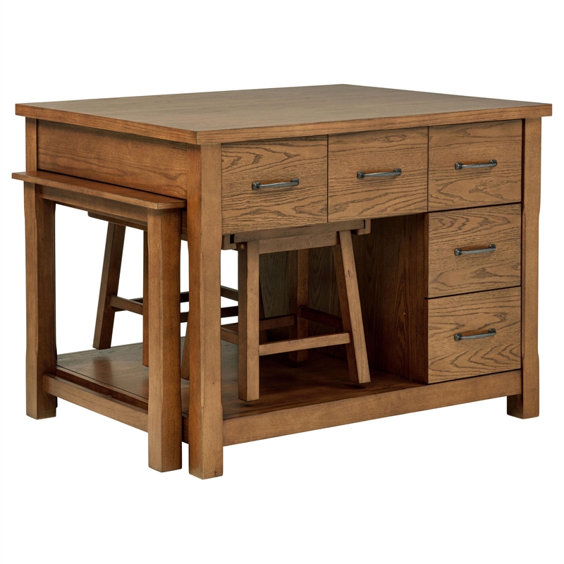Pemberly Row 3-Piece Wood Kitchen Island with Extension Table in Oak Brown
