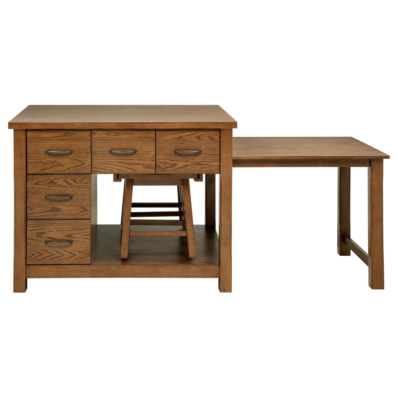 Pemberly Row 3-Piece Wood Kitchen Island with Extension Table in Oak Brown