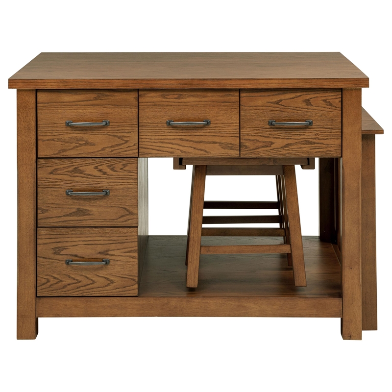 Pemberly Row 3-Piece Wood Kitchen Island with Extension Table in Oak Brown