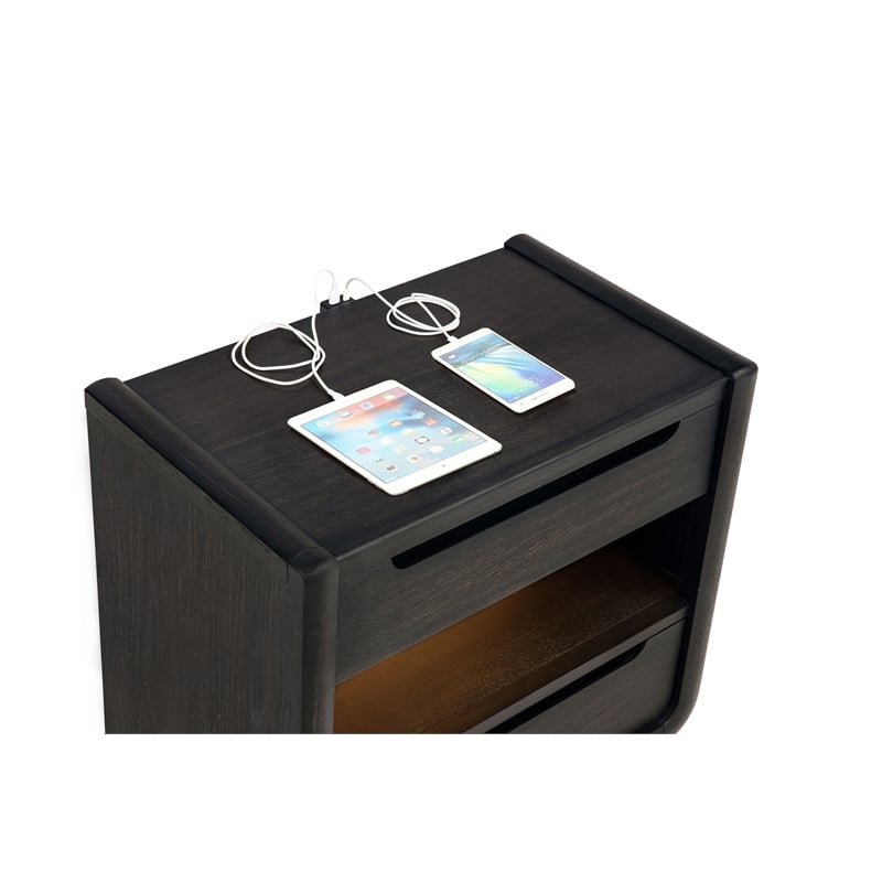 Pemberly Row 2-Drawer Wood LED Nightstand with USB in Burnished Black