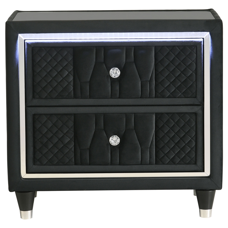 Pemberly Row 2-Drawer Velvet Upholstered LED Nightstand with USB in Black
