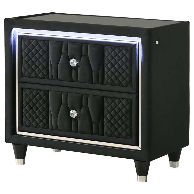 Pemberly Row 2-Drawer Velvet Upholstered LED Nightstand with USB in Black