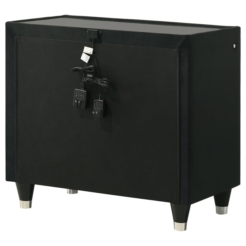 Pemberly Row 2-Drawer Velvet Upholstered LED Nightstand with USB in Black