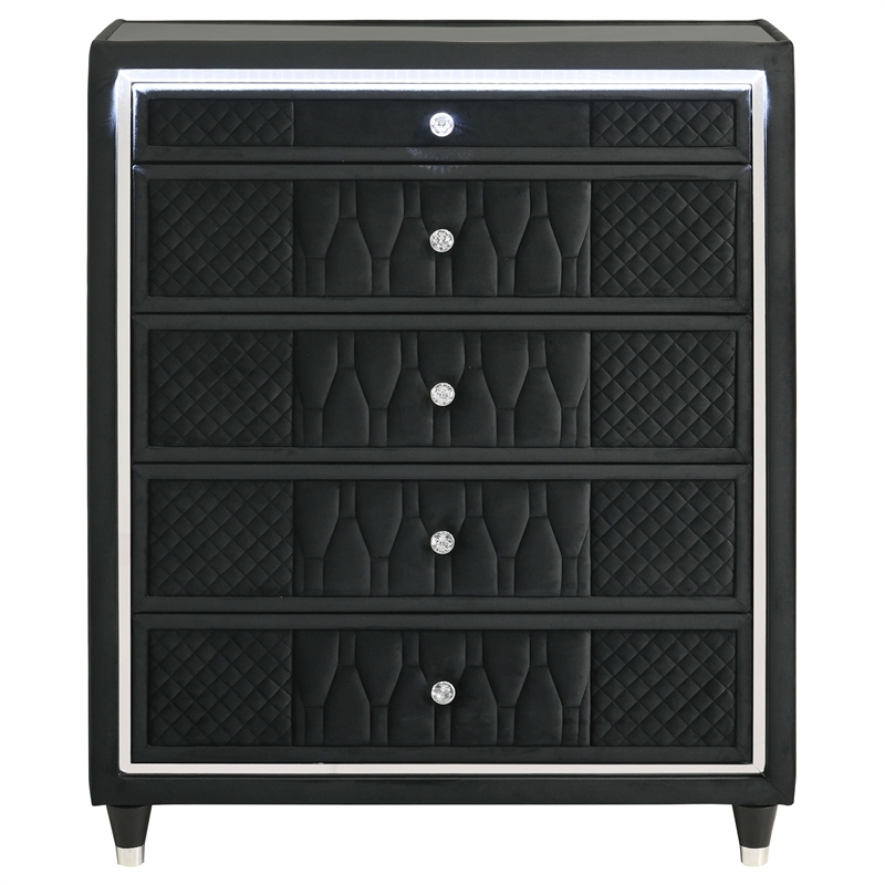 Pemberly Row 5-Drawer Velvet Upholstered LED Chest of Drawers in Black