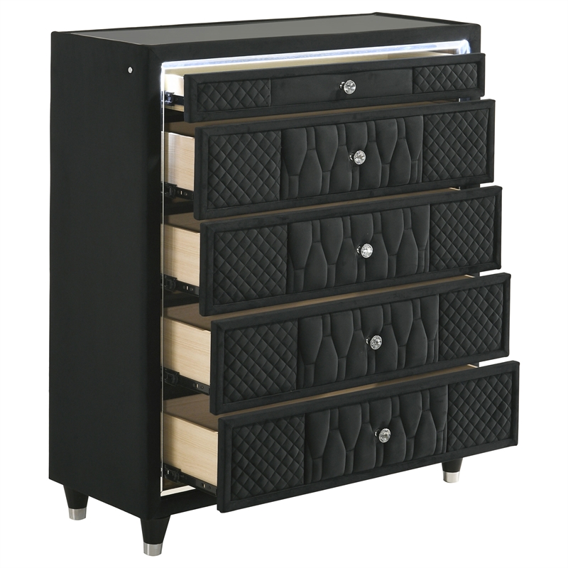 Pemberly Row 5-Drawer Velvet Upholstered LED Chest of Drawers in Black