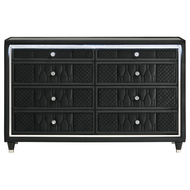 Pemberly Row 8-Drawer Velvet Upholstered LED Dresser Cabinet in Black