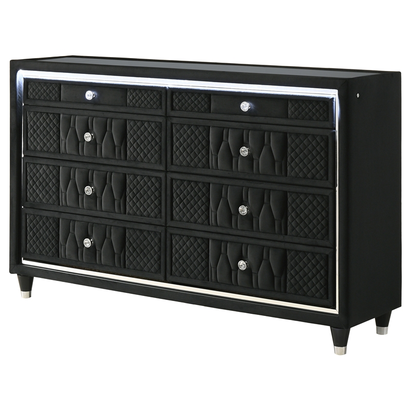 Pemberly Row 8-Drawer Velvet Upholstered LED Dresser Cabinet in Black