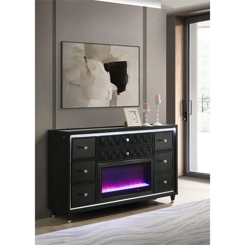 Pemberly Row 8-Drawer Velvet Upholstered LED Flame Box Dresser in Black