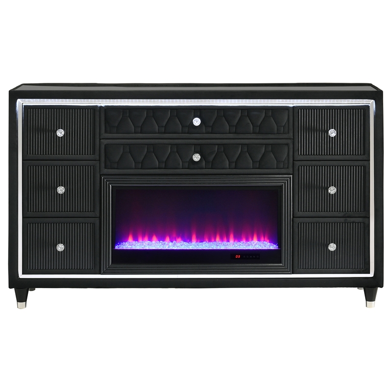 Pemberly Row 8-Drawer Velvet Upholstered LED Flame Box Dresser in Black