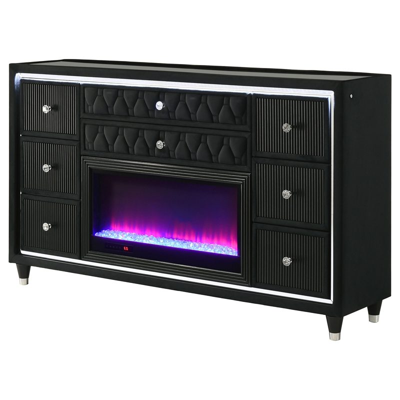 Pemberly Row 8-Drawer Velvet Upholstered LED Flame Box Dresser in Black