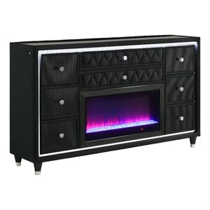 Pemberly Row 8-Drawer Velvet Upholstered LED Flame Box Dresser in Black