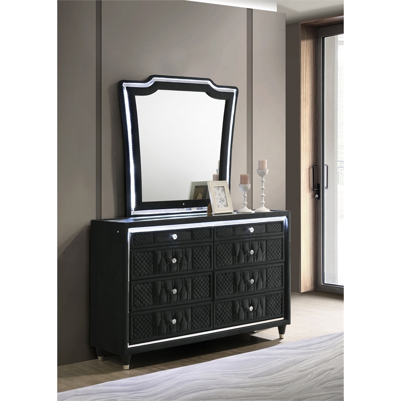 Pemberly Row 8-Drawer Velvet Upholstered LED Dresser with Mirror in Black