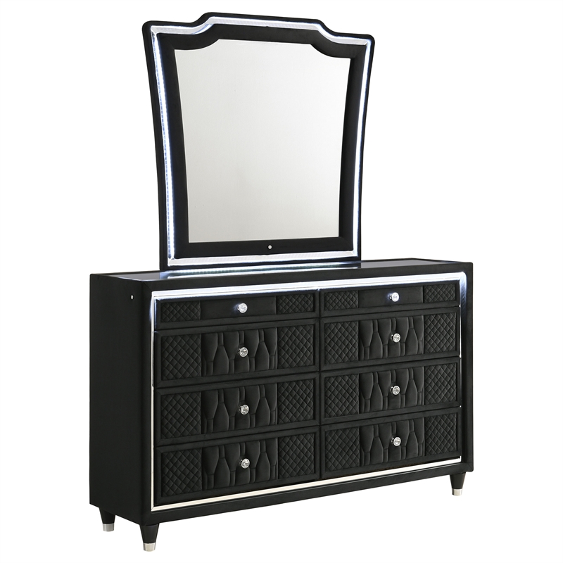Pemberly Row 8-Drawer Velvet Upholstered LED Dresser with Mirror in Black