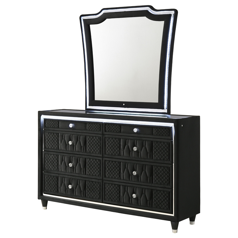 Pemberly Row 8-Drawer Velvet Upholstered LED Dresser with Mirror in Black