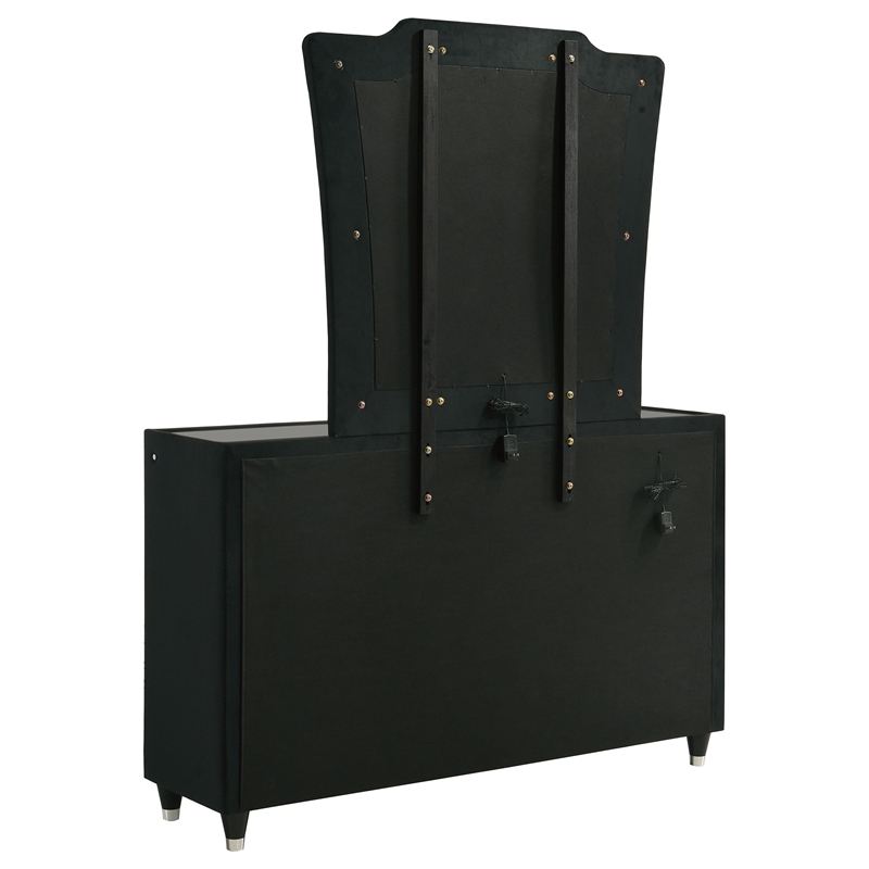 Pemberly Row 8-Drawer Velvet Upholstered LED Dresser with Mirror in Black