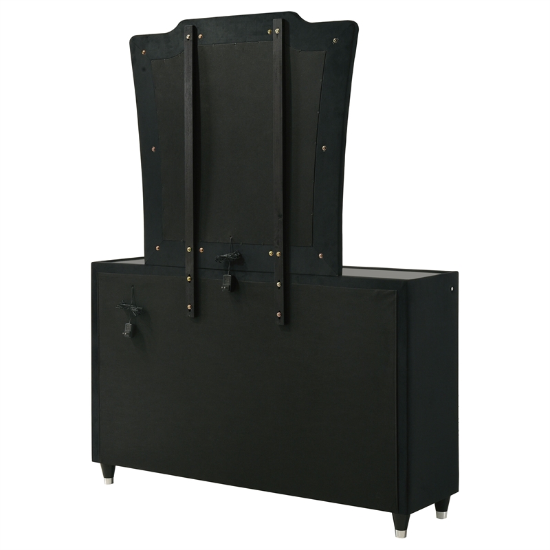 Pemberly Row 8-Drawer Velvet Upholstered LED Dresser with Mirror in Black