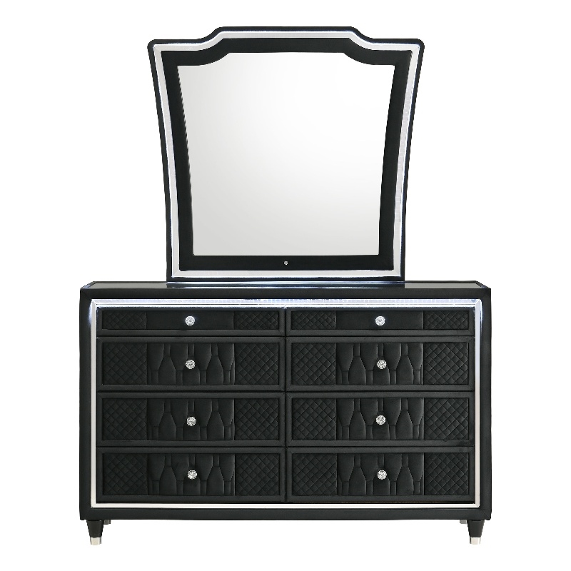 Pemberly Row 8-Drawer Velvet Upholstered LED Dresser with Mirror in Black