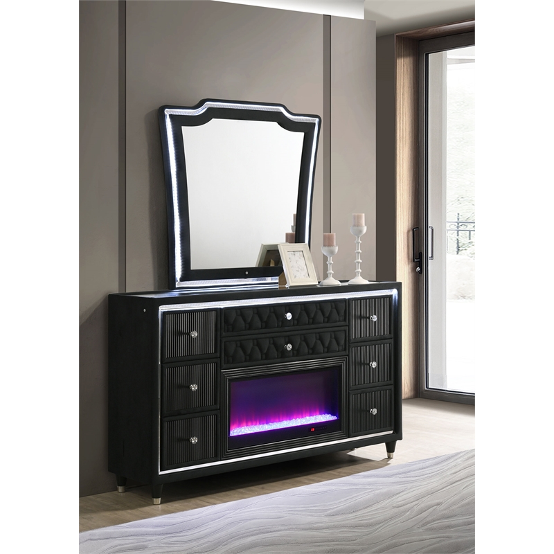 Pemberly Row 8-Drawer Velvet LED Flame Box Dresser and Mirror in Black