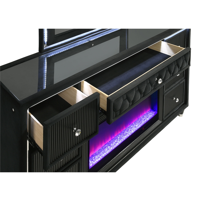 Pemberly Row 8-Drawer Velvet LED Flame Box Dresser and Mirror in Black