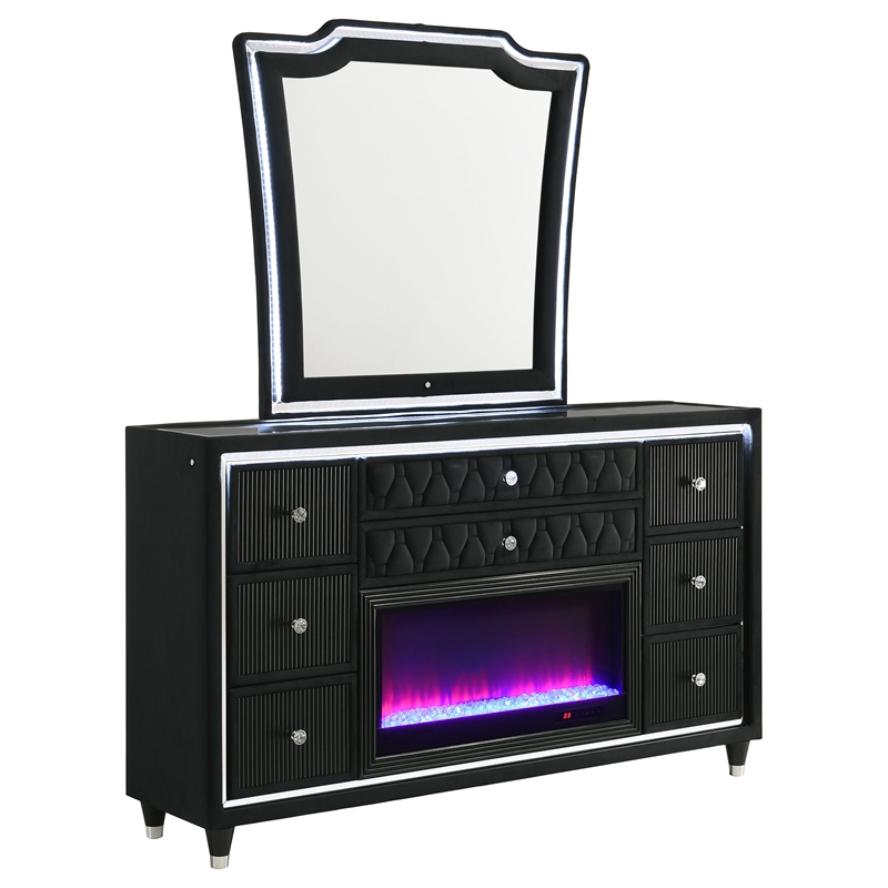 Pemberly Row 8-Drawer Velvet LED Flame Box Dresser and Mirror in Black