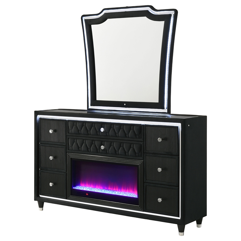 Pemberly Row 8-Drawer Velvet LED Flame Box Dresser and Mirror in Black