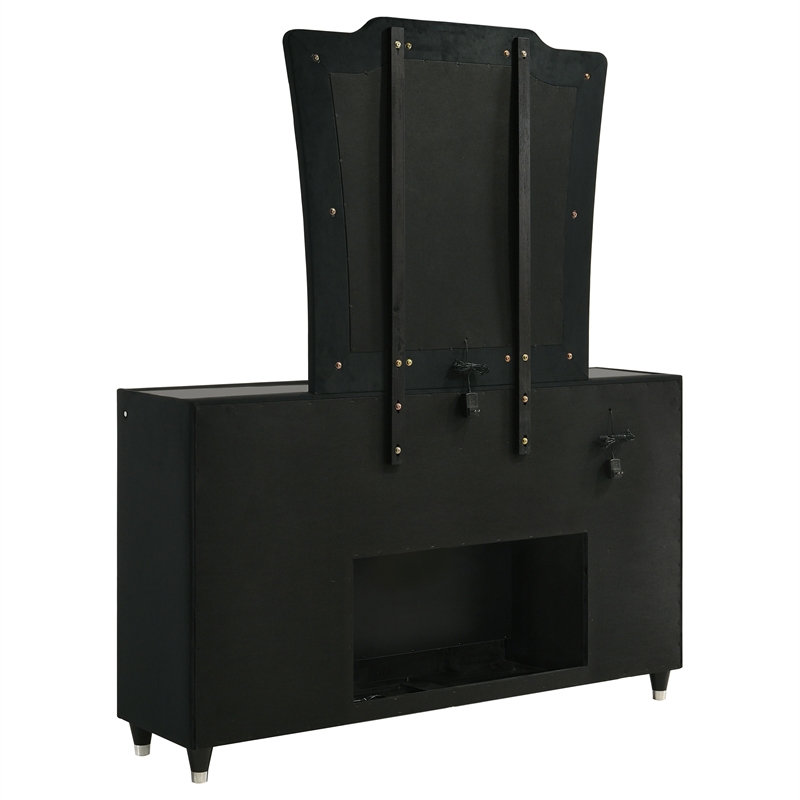 Pemberly Row 8-Drawer Velvet LED Flame Box Dresser and Mirror in Black
