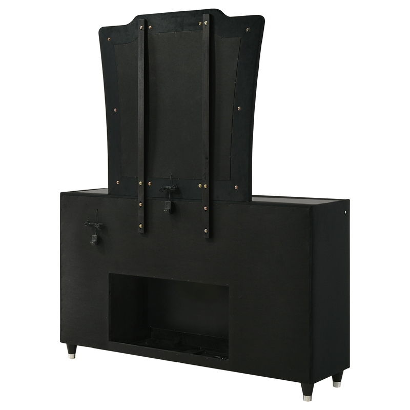Pemberly Row 8-Drawer Velvet LED Flame Box Dresser and Mirror in Black