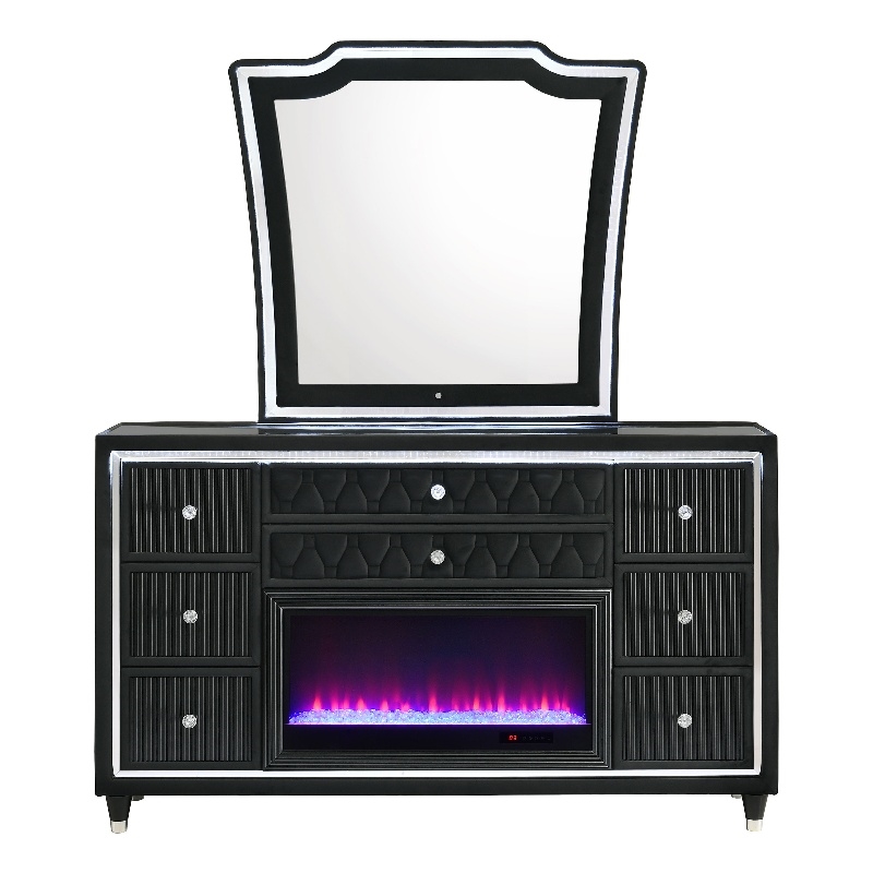 Pemberly Row 8-Drawer Velvet LED Flame Box Dresser and Mirror in Black