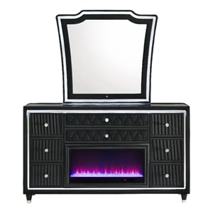 Pemberly Row 8-Drawer Velvet LED Flame Box Dresser and Mirror in Black