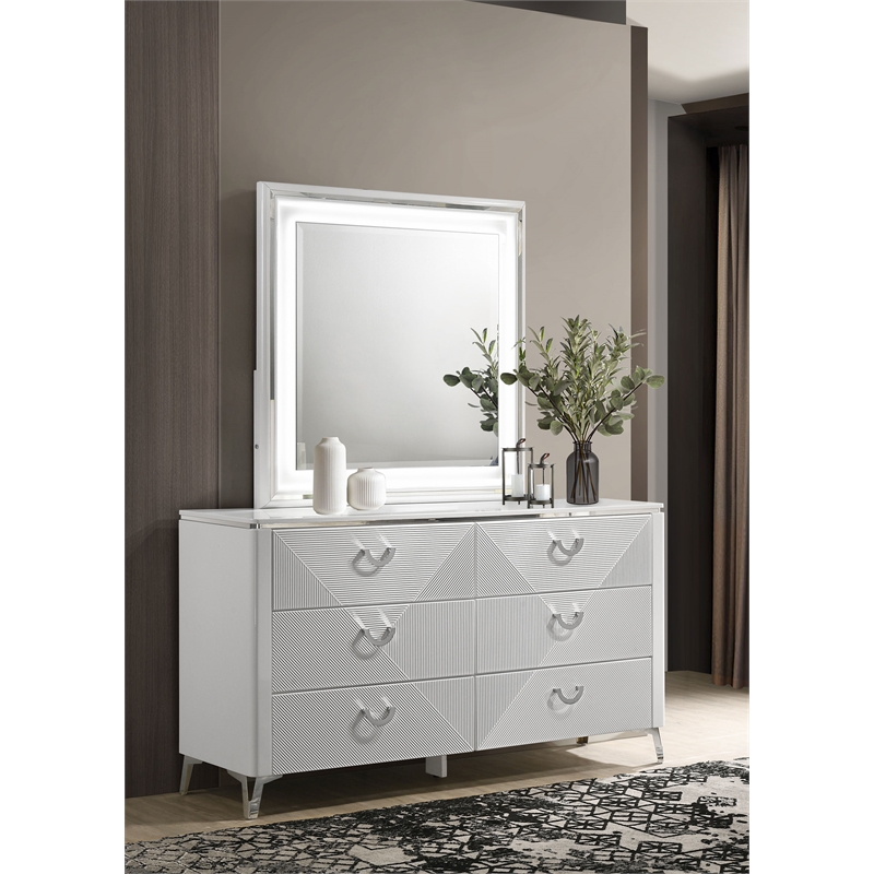 Pemberly Row 6-drawer Wood Dresser Cabinet with Mirror in White High Gloss