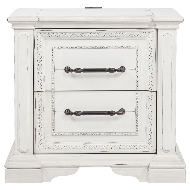 Pemberly Row 2-drawer Wood Nightstand with Dual USB in Vintage White