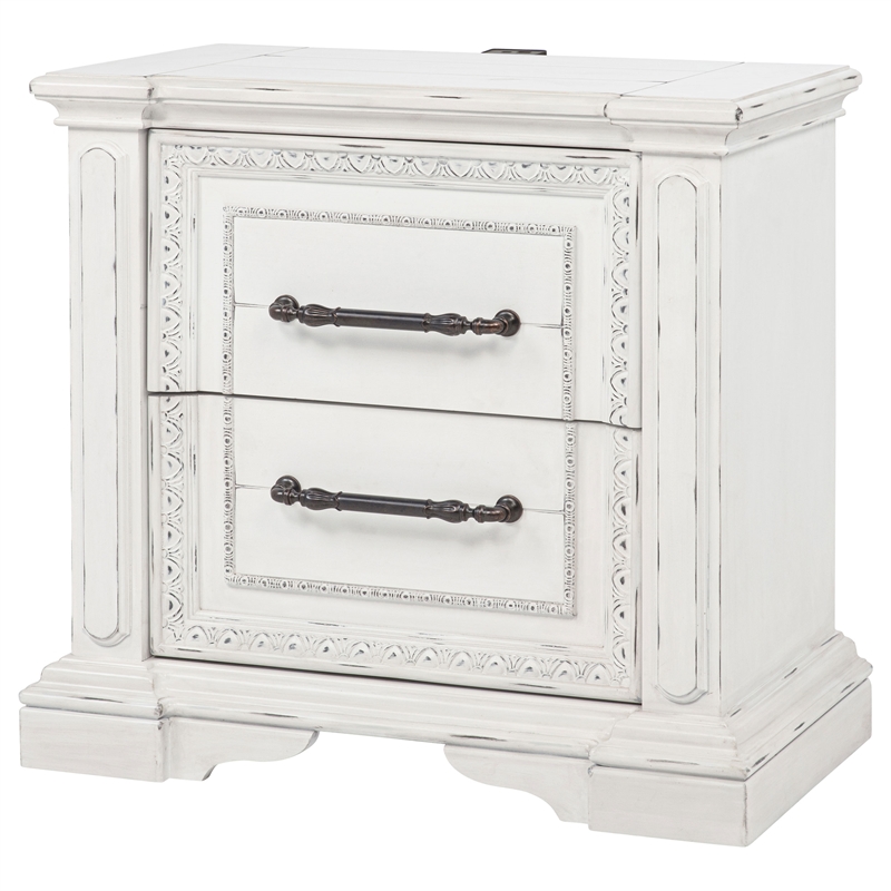 Pemberly Row 2-drawer Wood Nightstand with Dual USB in Vintage White