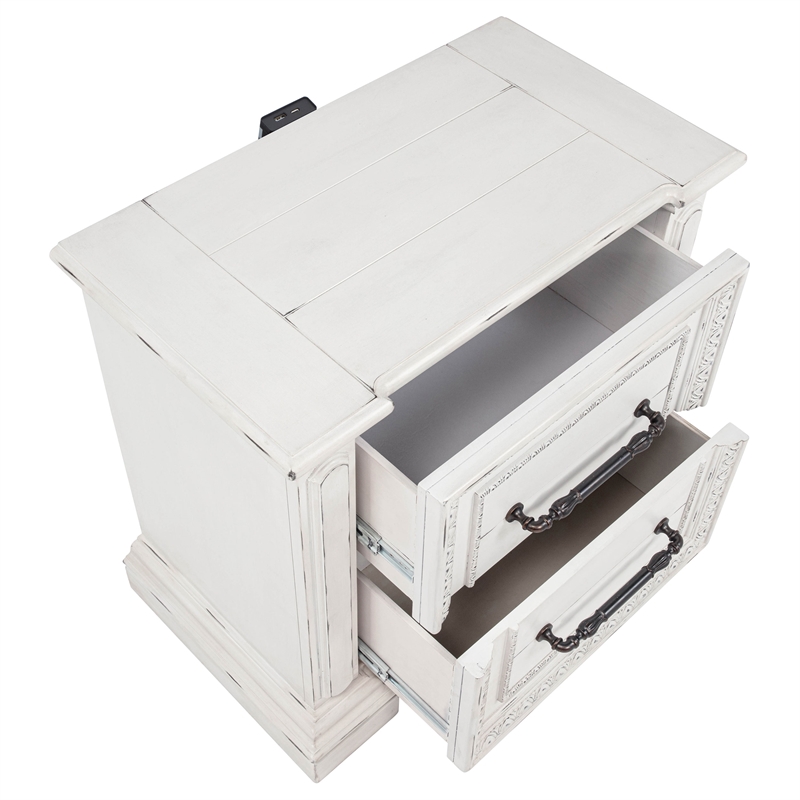 Pemberly Row 2-drawer Wood Nightstand with Dual USB in Vintage White