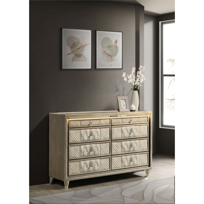 Pemberly Row 8-Drawer Velvet Upholstered LED Dresser Cabinet in Ivory/Camel