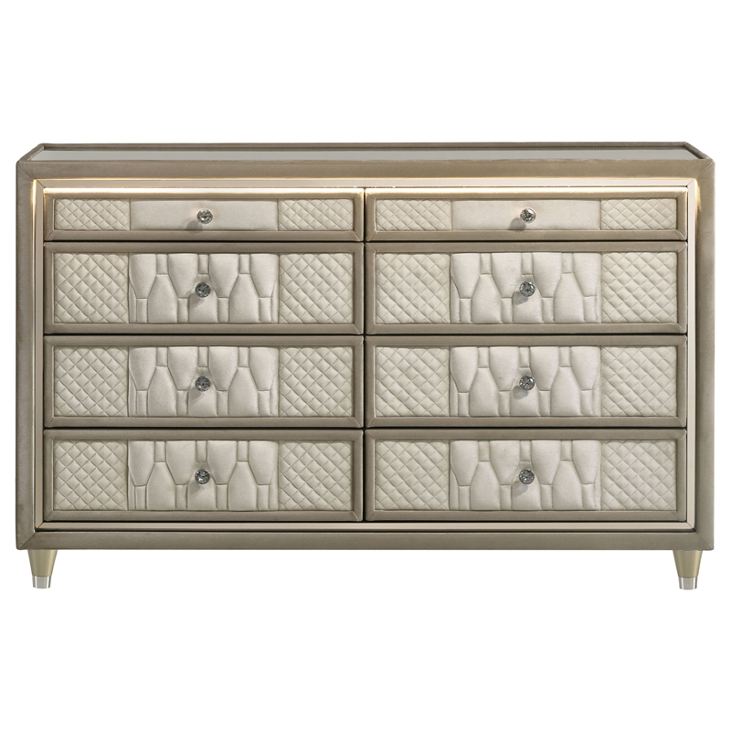 Pemberly Row 8-Drawer Velvet Upholstered LED Dresser Cabinet in Ivory/Camel