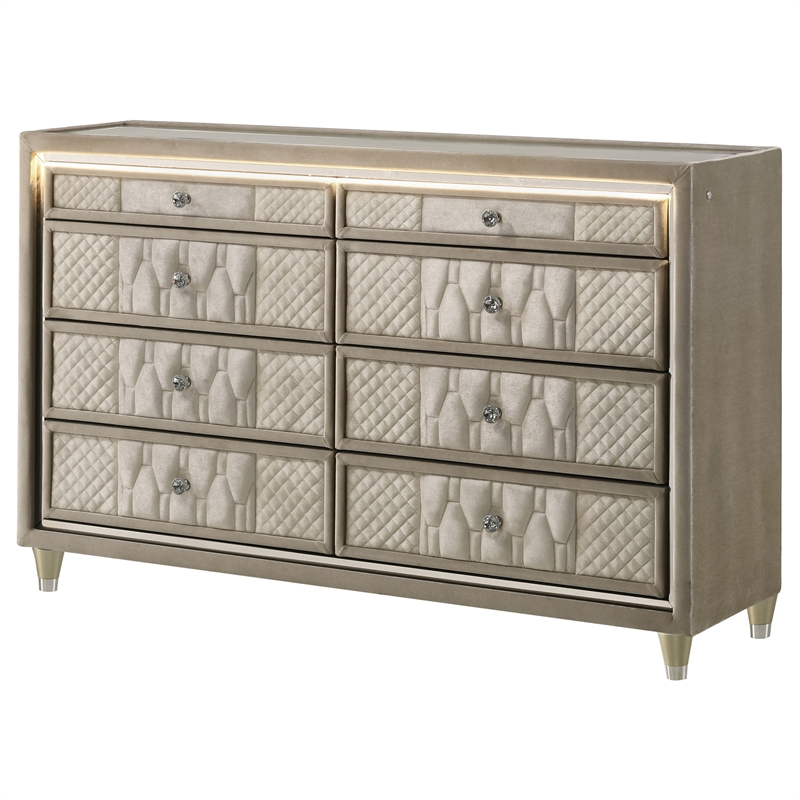 Pemberly Row 8-Drawer Velvet Upholstered LED Dresser Cabinet in Ivory/Camel