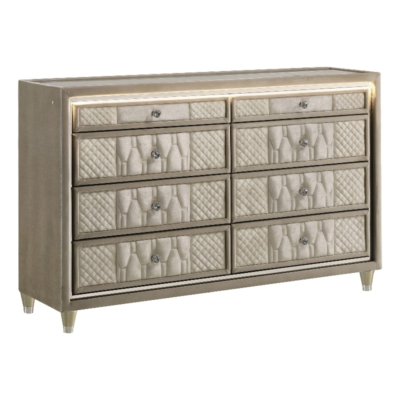 Pemberly Row 8-Drawer Velvet Upholstered LED Dresser Cabinet in Ivory/Camel