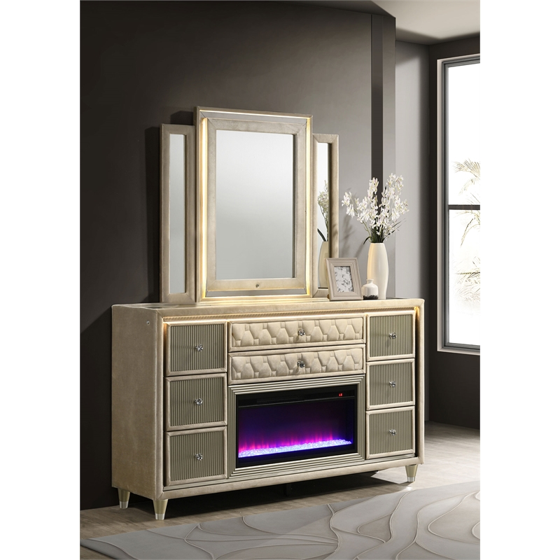 Pemberly Row 8-drawer Wood LED Flame Box Dresser with Mirror in Ivory/Camel