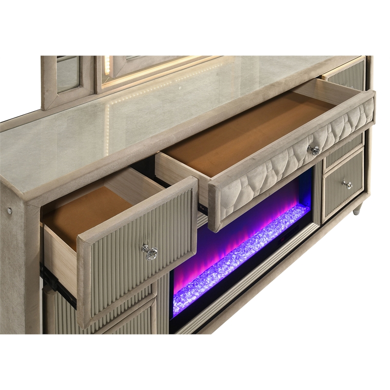 Pemberly Row 8-drawer Wood LED Flame Box Dresser with Mirror in Ivory/Camel