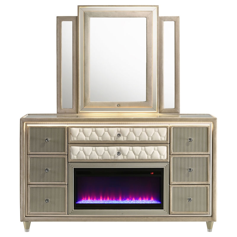 Pemberly Row 8-drawer Wood LED Flame Box Dresser with Mirror in Ivory/Camel